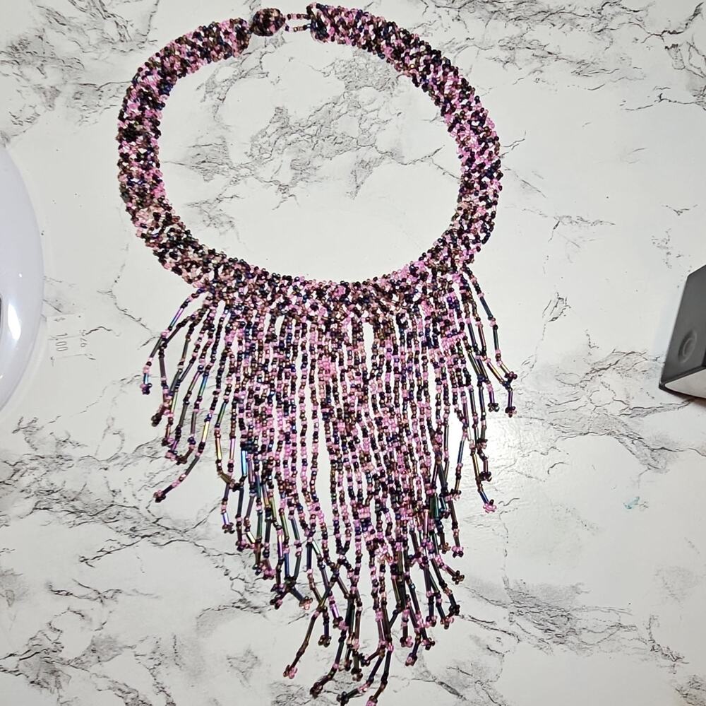 Pink & Black Beaded Fringe Necklace Toggle Closure